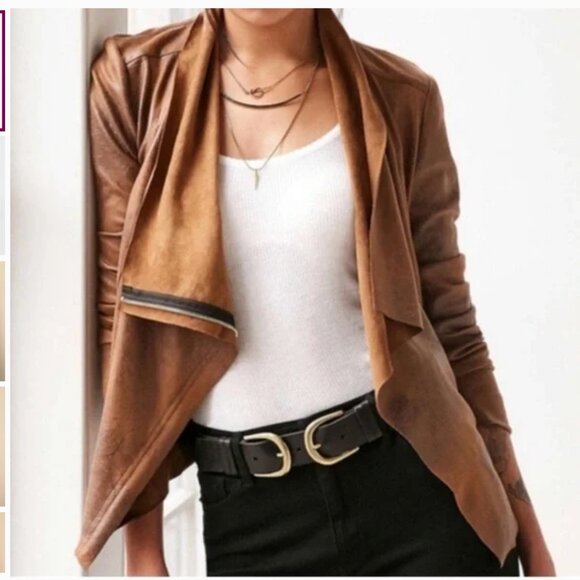 Zara Brown Faux Suede Leather Moto Jacket Cowl Neck Zip Up - Size XS - Picture 16 of 16